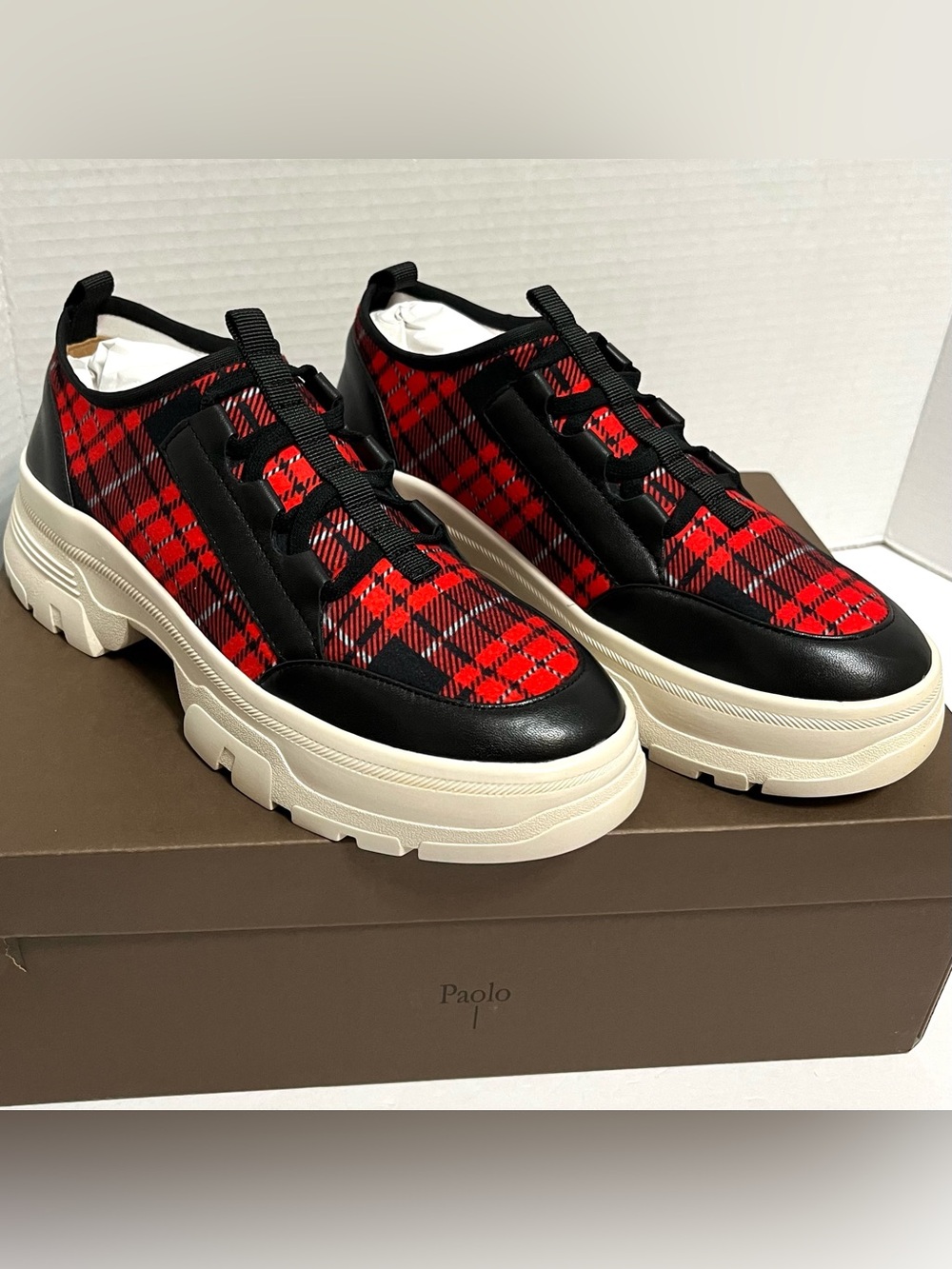 Linea Paolo Rowen L Buffalo Plaid Platform Chunky Wedge Slip On Sneaker Red Blk